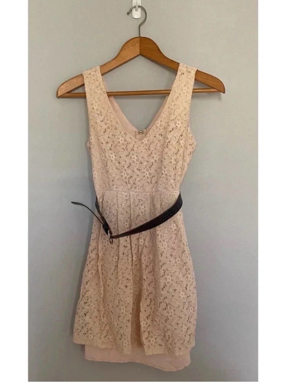 Rhapsody Light Pink Sleeveless Lace Overlay Mini Dress with Belt